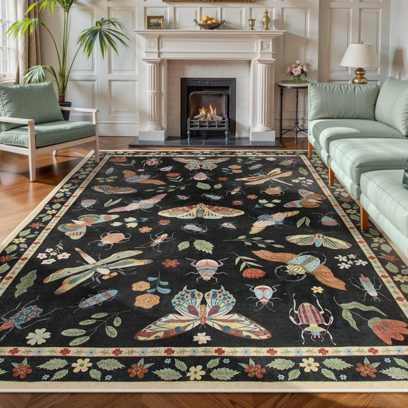 Black Multicolor Insect Botanical 5' x 7' Area Rug for Playroom Bedroom