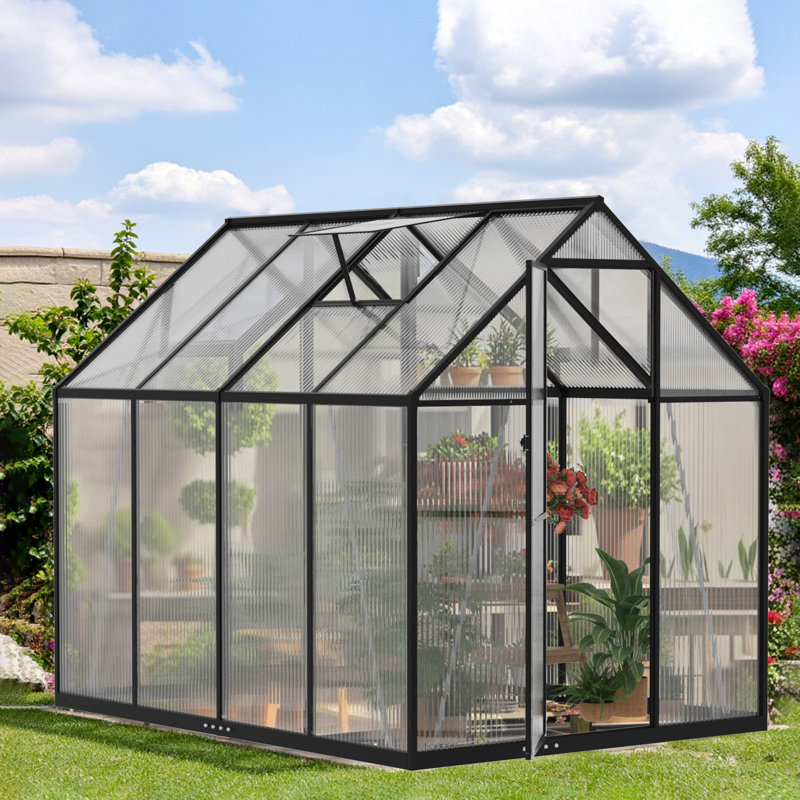 Heavy Duty Walk-In Outdoor Greenhouse, 4mm Twin-Wall Polycarbonate Garden House with 45 MPH Wind Resistant Aluminum Frame & Roof Vent