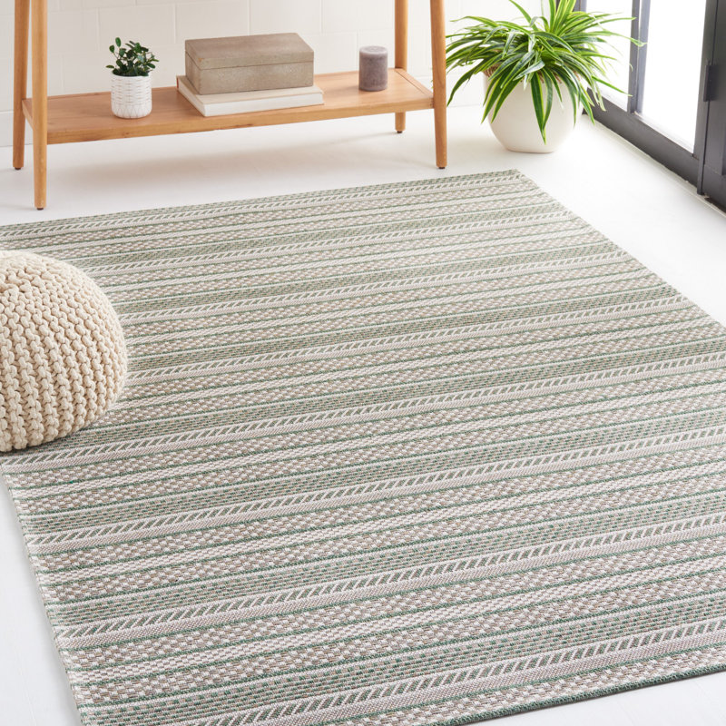 Martha Stewart 412 Cotton Striped Rug in Green/Ivory, Rectangle 5' x 7'