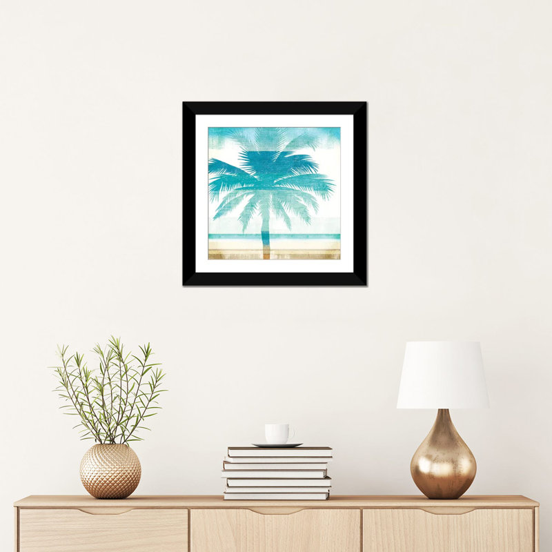 Impression sur toile «Beachscape Palms II», H 16 po x l 16 po x P 1 po, Papier d'art encadré noir, Blanc