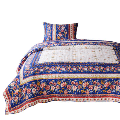 Loir Blue/Red Microfiber Quilt Set