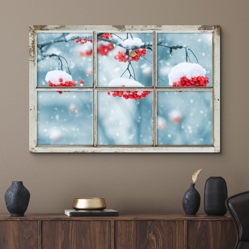 «Window View Gooseberry Tree Winter Snow Wonderland Nature Scenic Landscape» sur toile, H 12 po x l 18 po