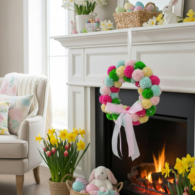 11.8 Inch Yarn Pom Pom Wreath For Front Door Colorful Felt Ball Wreath Hanging Decorations For Party Walls Windows Indoor Home Decor