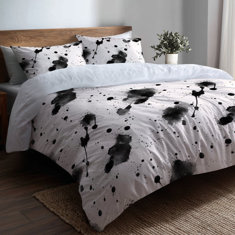 Ensemble d'édredon 6 pièces Modern - Encre noire et blanche à motif abstrait avec taies décoratives