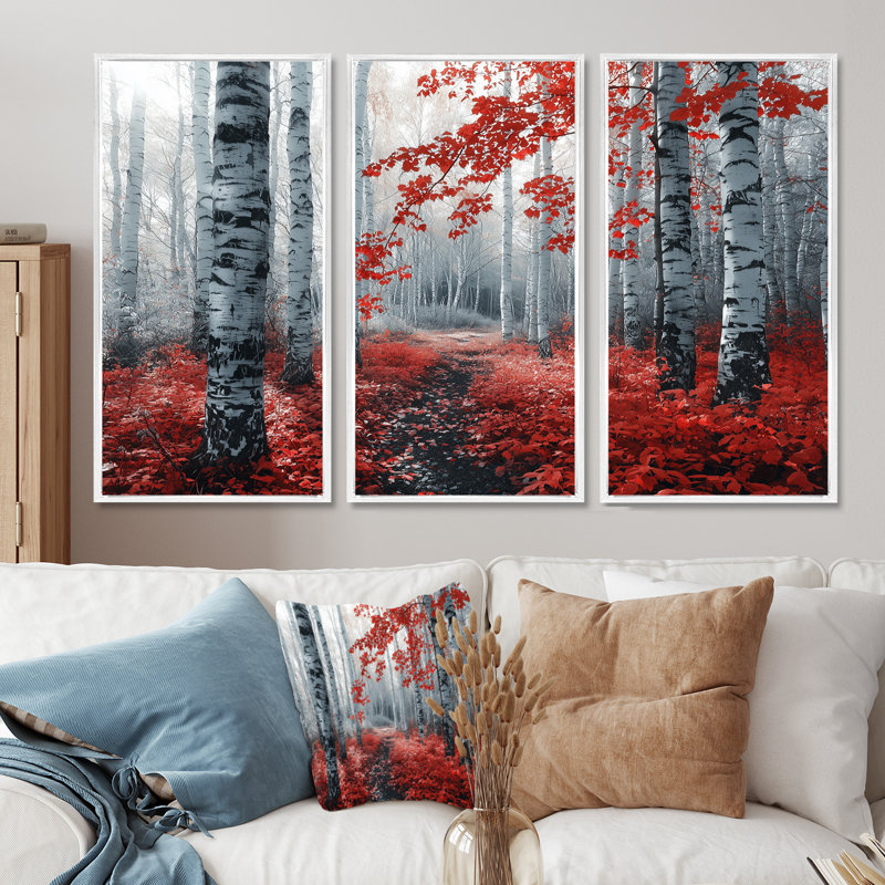 «Red Morning In Forest Panorama» - ensemble de salon art mural forêt, Toile encadrée flottée blanche