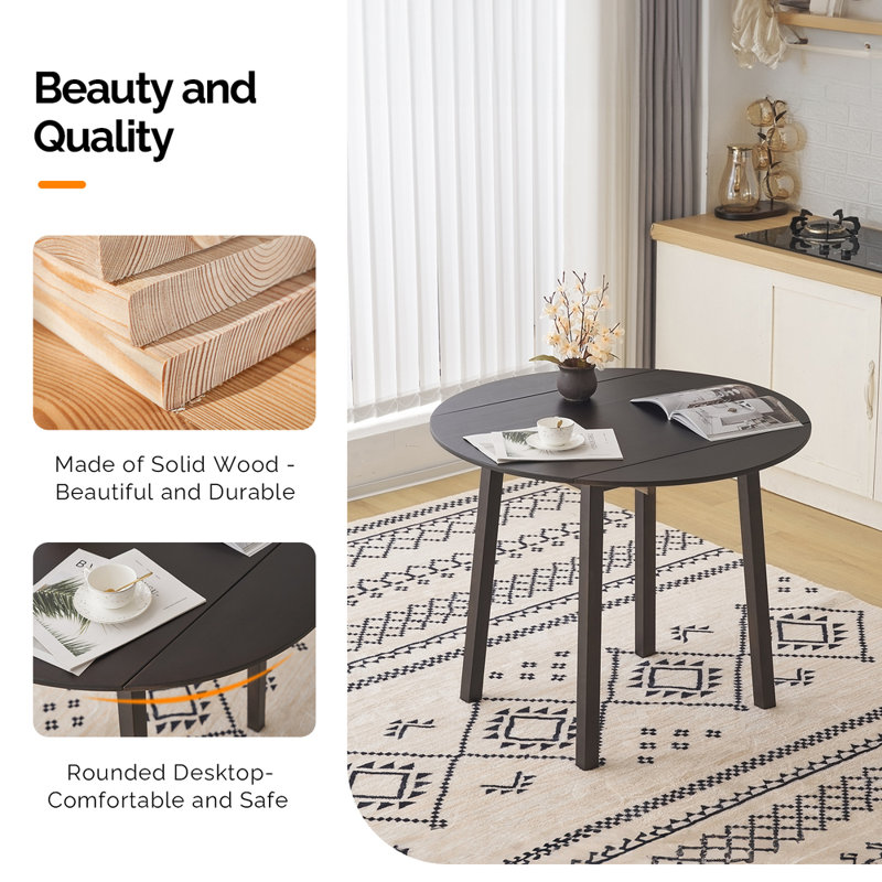 Extendable Round Solid Wood Dining Table, Dark Brown