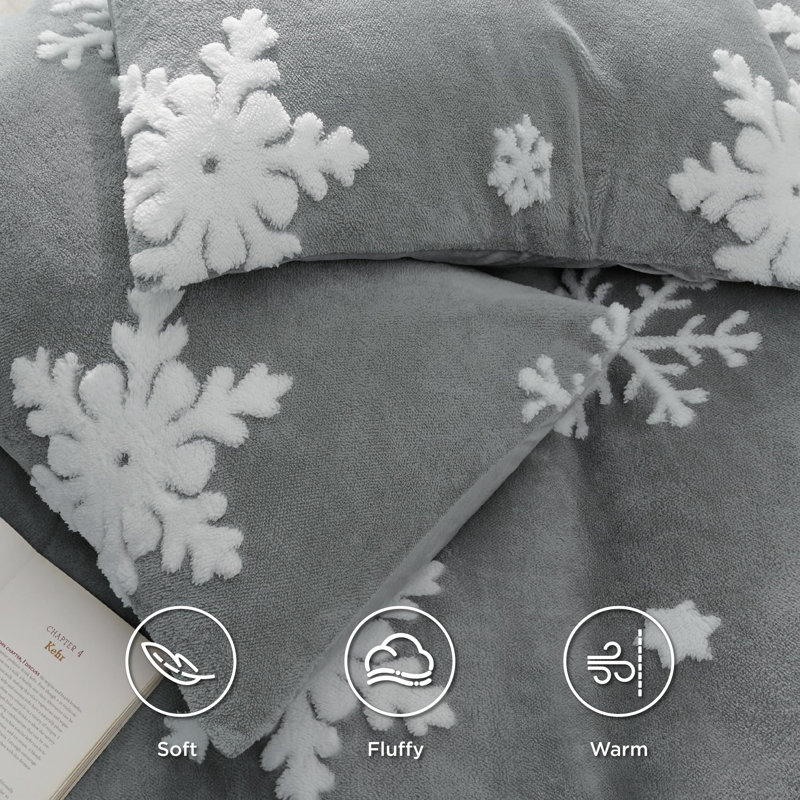 Bedsure Fluffy Duvet Cover Set, Grey Snowflake, King Duvet Cover