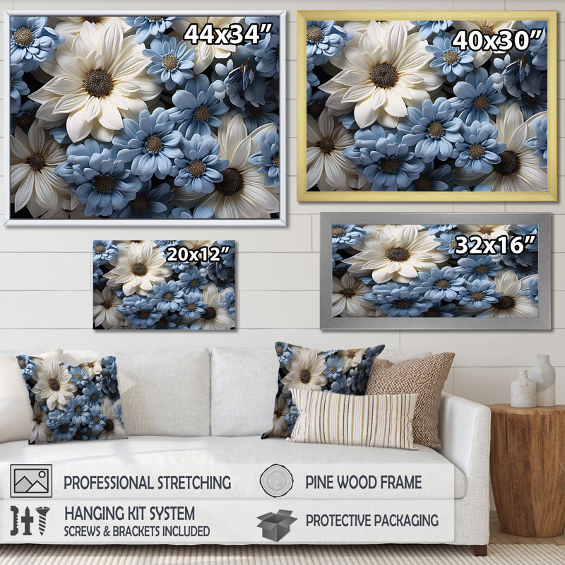 Marguerite blanche et bleue Innocence sur toile, Cadre photo noir, H 16 po x l 32 po