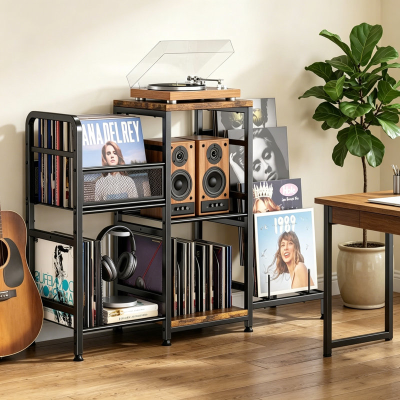Large Record Player Stand Holds 400 Vinyl Records, 3 Tier Turntable Stand with Display Shelf, Multifunctional Media Console for Stereo