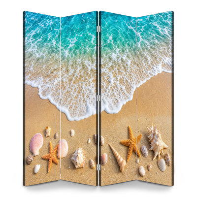 4 Panels Folding Screen Room Divider Royal Beach Shoreline Starfish Seashells Turquoise Waves Canvas Screen Room Separator Freestanding Protective Wall Divider Privacy Partition for Bathroom