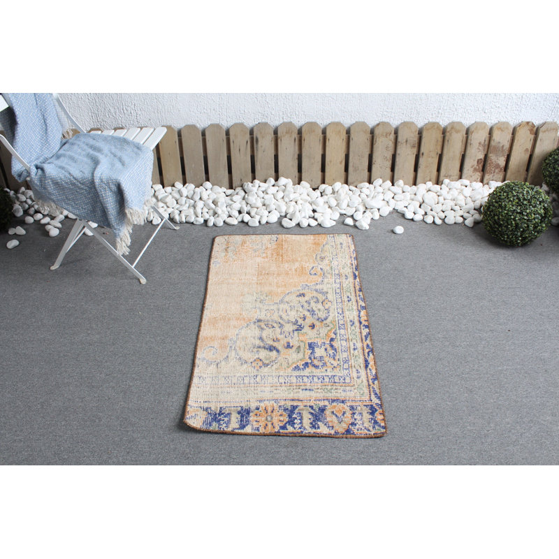 Vintage Small Turkish Oushak Rug in Faded Orange Ideal for Front Door Placement and Unique Interiors