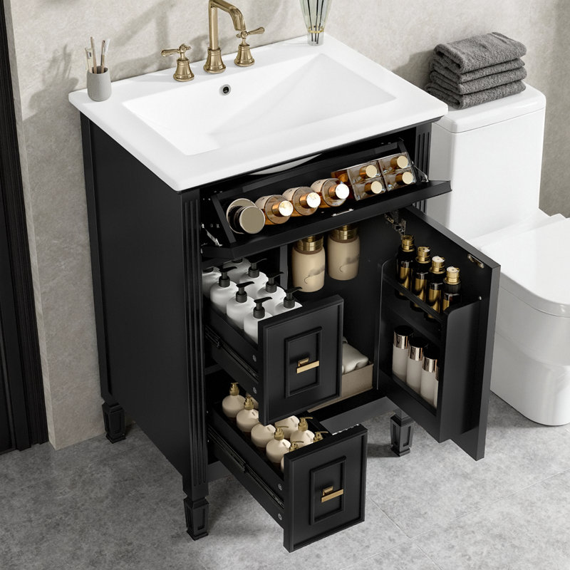 Meuble-lavabo moderne 24 po avec lavabo, armoire de rangement en bois massif avec tiroir rabattable et tablette ajustable, meuble-lavabo vert autoportant avec quincaillerie dorée
