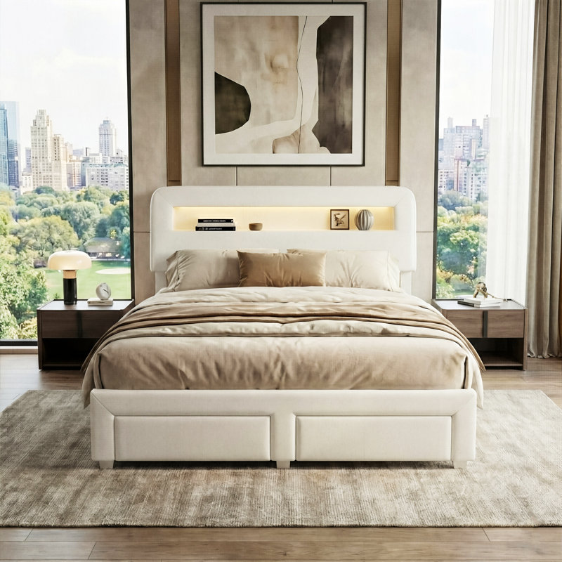 European Double & King Size Velvet Storage Bed With 2 Drawers & LED Headboard, Upholstery Bed Frame With Charging Port, Beige
