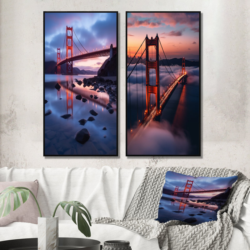 San Francisco Golden Gate Dream - ensemble de 2 reproductions d'art mural - Californie, Cadre noir, H 40 po x l 40 po