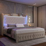 Kaliya Velvet Upholstered Wingback Platform Bed with LED Lights, Wood Bed Frame With 2 Storage Drawers