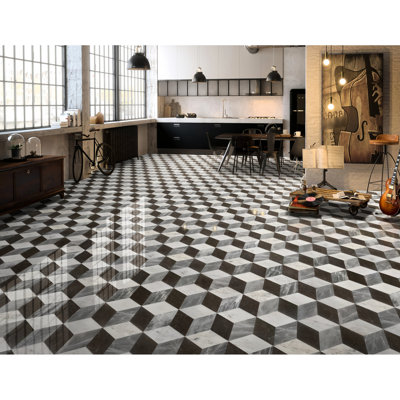 Hexagon marbre - noir gris blanc, 5/8 pouce d'épaisseur, pierre naturelle polie pour le plancher et le mur dans divers espaces de couleurs blanches, 12 pièces, ajoute du style à