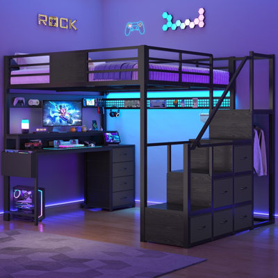 Full Size Loft Bed with 55.5" Desk and Storage Stairs, 10 Drawers, Large Desk, Charging Station, Brown