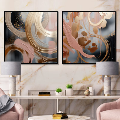 Abstrait, encre liquide rose et or, encre liquide I - formes abstraites, ensemble de 2 reproductions d'art mural