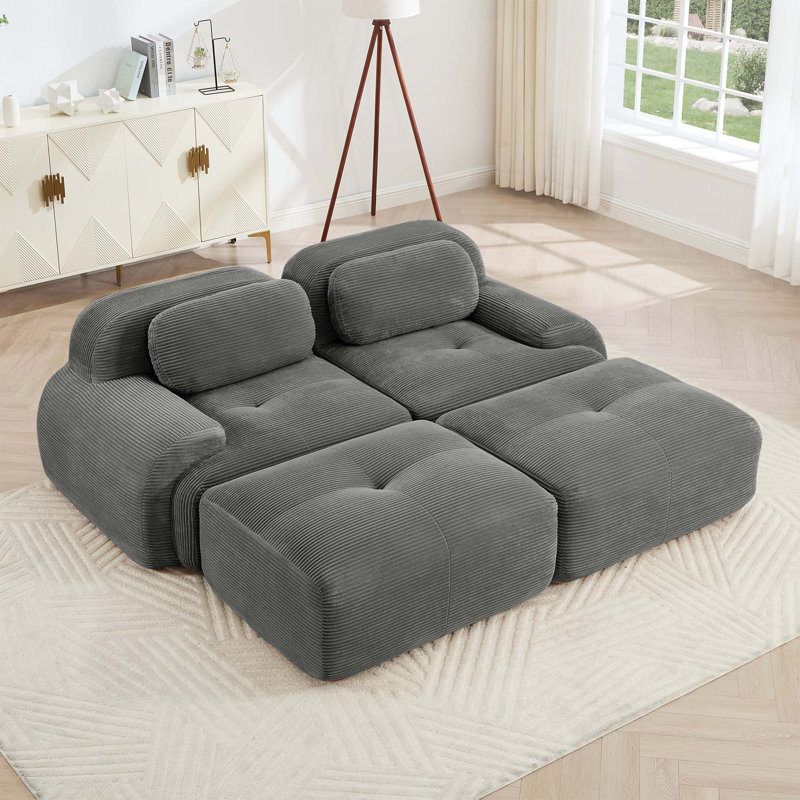 Canapé modulaire 2 places en velours côtelé de luxe avec design antidérapant, accoudoirs courbés et éponge à haute résilience pour le salon et la chambre à coucher, gris