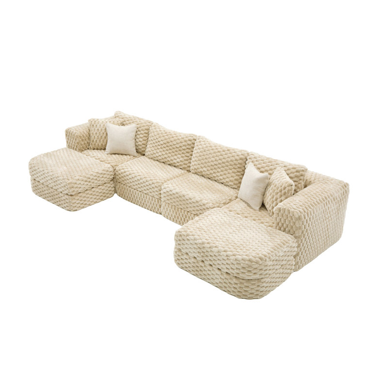 Boneless 135'' Upholstered U-Shape Sectional With Ottomans, No Assembly Required, Coffee Polyester