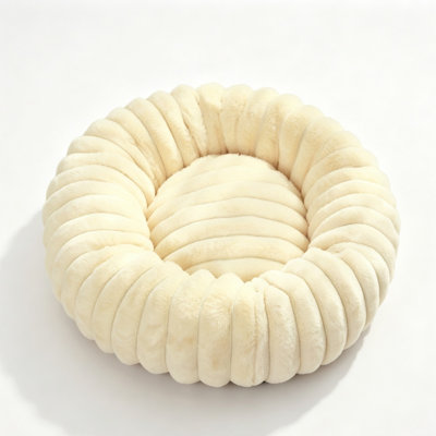 Plush Ribbed Round Donut Pet Bed, Ultra Soft Fluffy Warm Calming Cat & Dog Nest, Solid Cozy Anti-Anxiety Pet Cushion Bed for Small Medium Cats & Dogs Indoor Winter Use