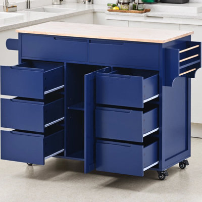 Îlot de cuisine 53 po avec comptoir en bois d'hévéa | Chariot de cuisine roulant avec 8 tiroirs sans poignée, range-couverts et armoire réglable | Îlot de cuisine avec 5 roulettes pour la cuisine et la salle à manger