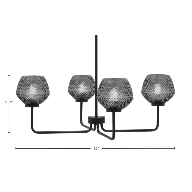 Lustre 4 lumières Amarmula, finition noir mat, verre texturé fumée 6 po, Noir, Transparent/noir