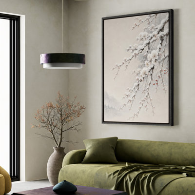 Art mural encadré sur toile - Branches de fleurs enneigées sereines dans un paysage brumeux - 16 po x 24 po, 24 po x 36 po