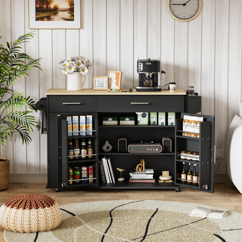 Rolling Kitchen Island With Power Outlet & Drop Leaf, Mobile Kitchen Island Cart With Tilt-Out Trash Can Storage, Spice Rack & Towel Rack And Adjustable Shelf