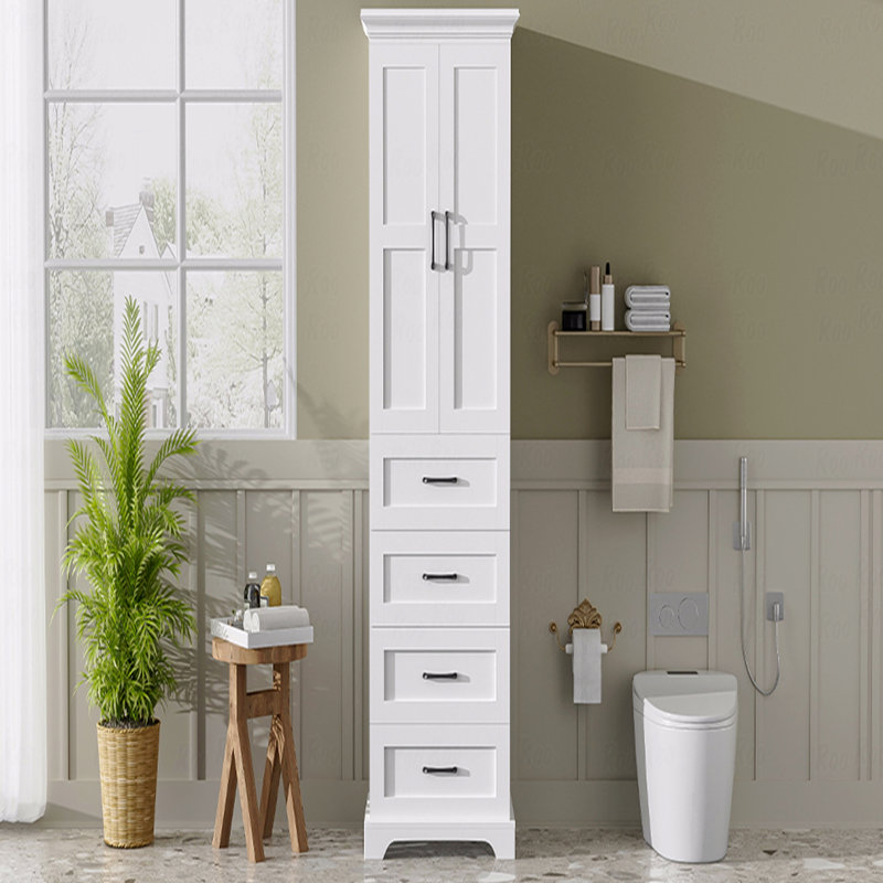 Meuble-lavabo autoportant de 71,6 po avec 2 portes à charnières amortissantes, 3 tiroirs (dont 1 tiroir profond), des tablettes réglables, des poignées en fer noir, un stratifié en polyéthylène durable et une fabrication en bois aggloméré