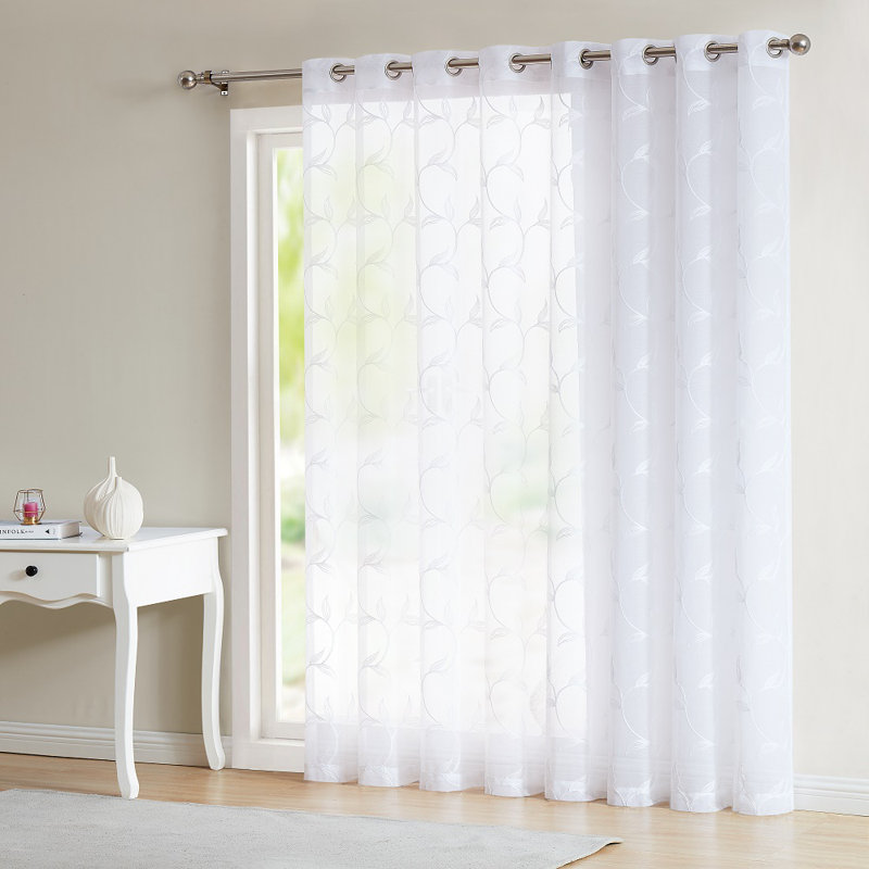 Sheer Faux-Linen Sliding Door Curtain Panel With Rustic Stitched Leaf Embroidery, White