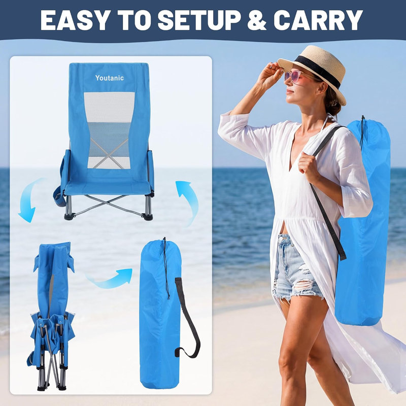 Chaise pliante à haut dossier pour camping avec sac isotherme et coussin (paquet de 2), Bleu