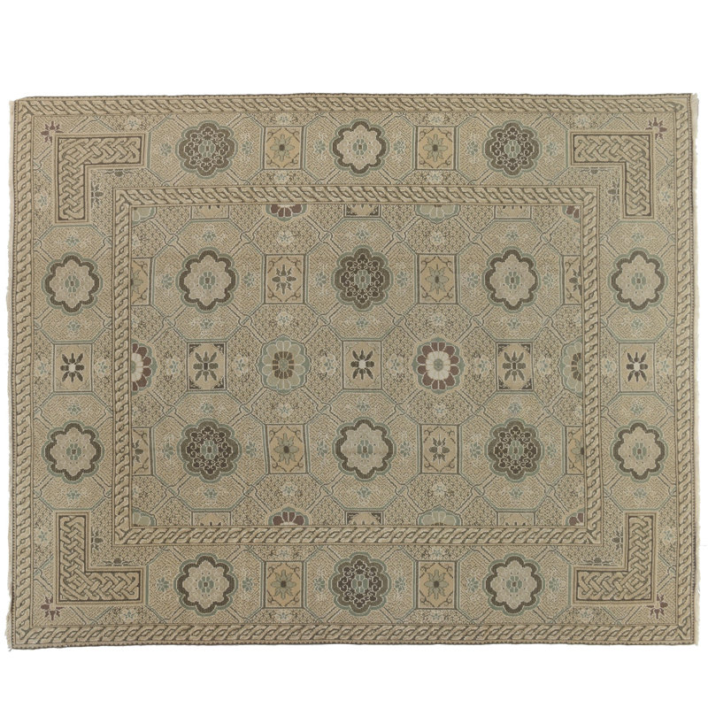 Tapis unique en laine noué à la main kaki / beige / bleu de 10 pi 2 po x 13 pi