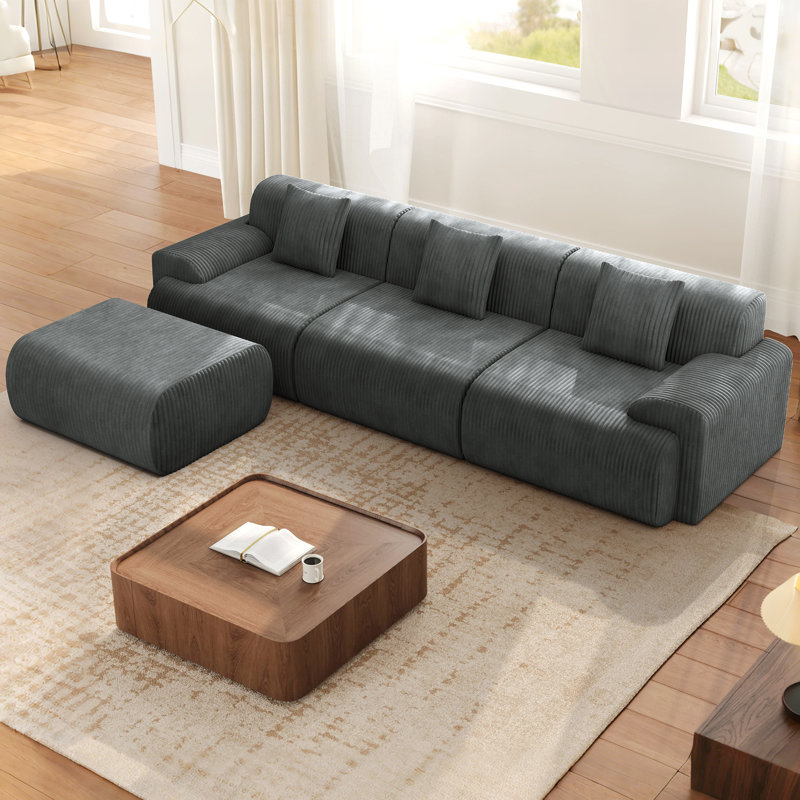 Boneless 118" Modern L Shaped Modular Sectional Sofa, Boneless Cloud Couch With Ottoman, Oversized Corduroy Couch Deep Seat, 30D Sponge For Indoor Living Room, No Assembly Required