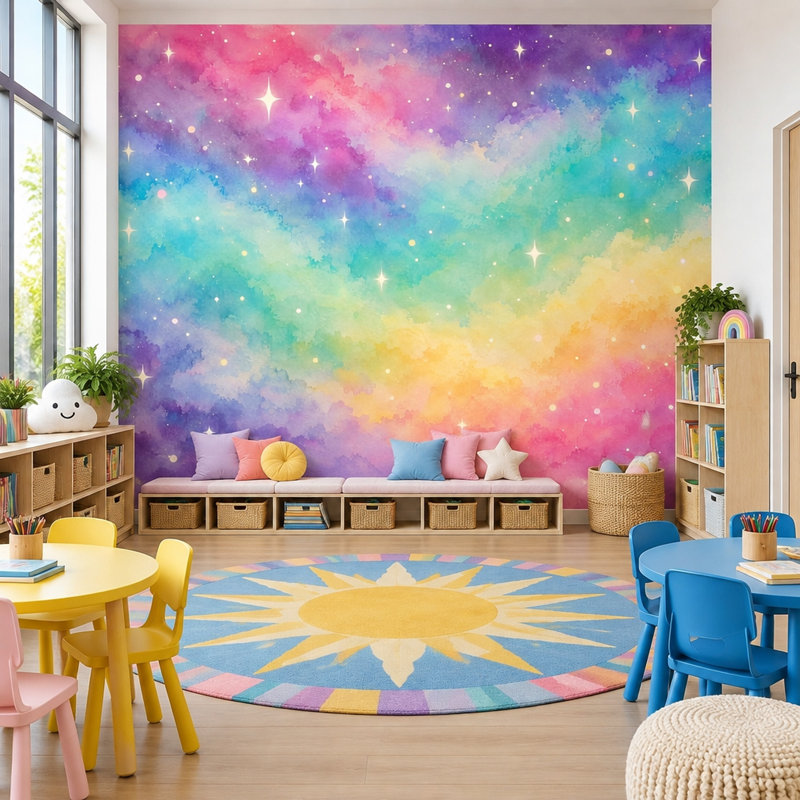 Papier peint mural effet aquarelle à motifs de nuages ​​galaxie pastel, 200 po x 120 po, Non tissé