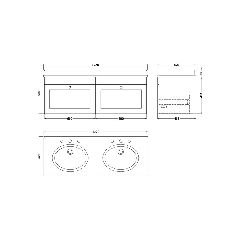 Classique 1220mm Double Bathroom Vanity with Drop In Vitreous China Basin, Satin White