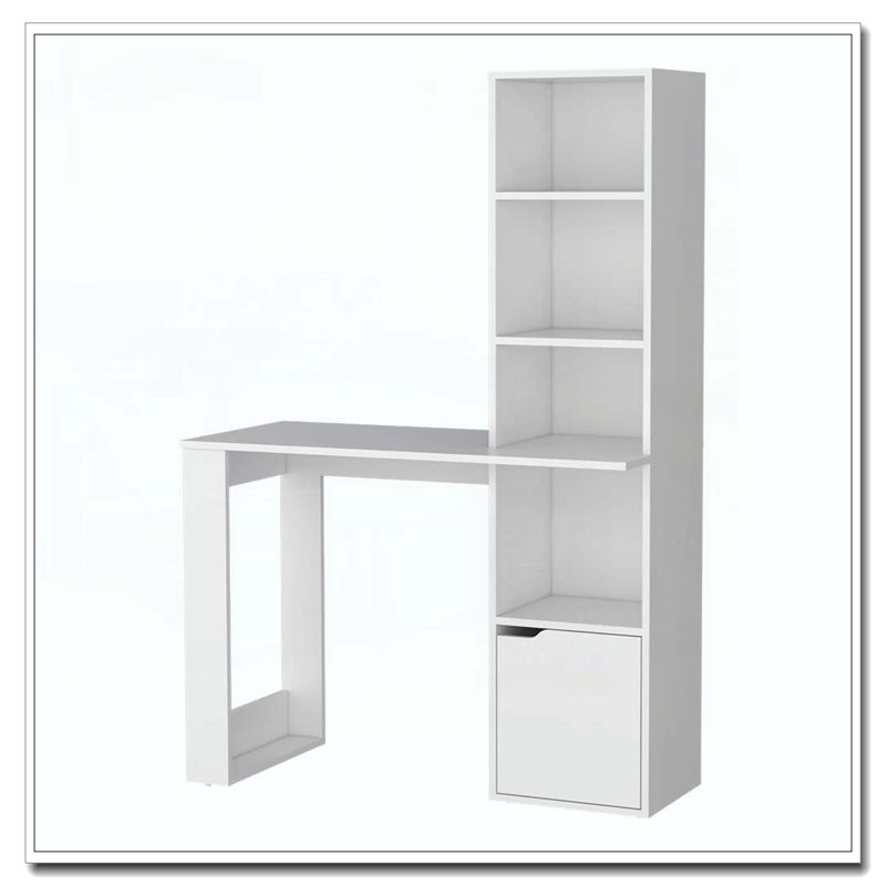 Bureau d'ordinateur blanc avec bibliothèque à 4 niveaux et armoire à 1 porte, Blanc