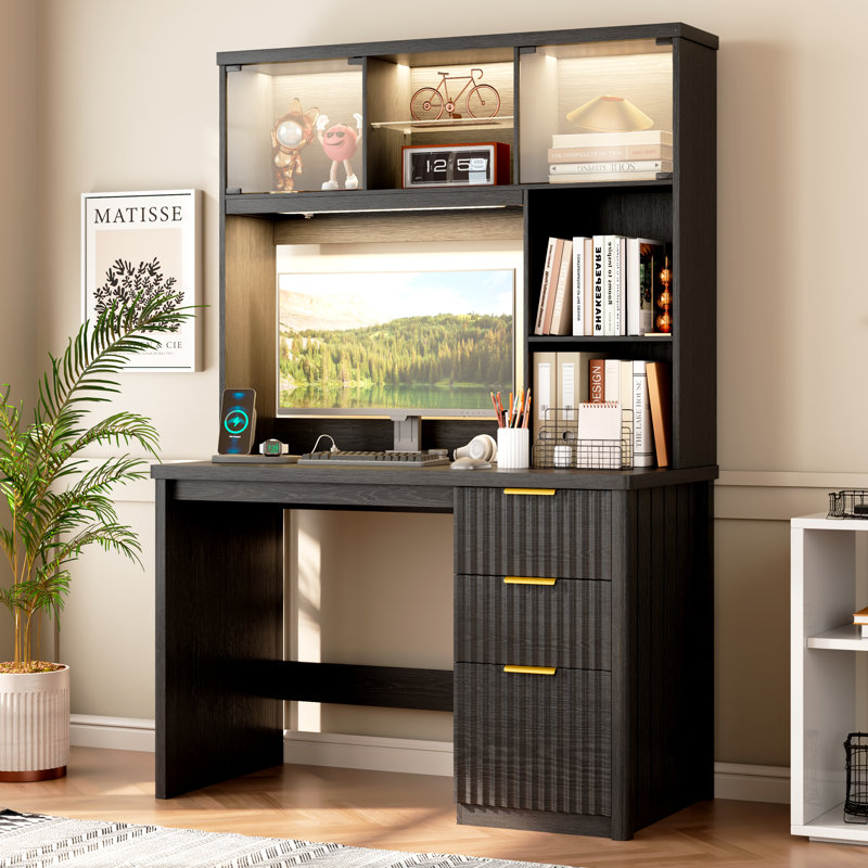 MDF Computer Desk with Built-In Electrical Outlet, Black