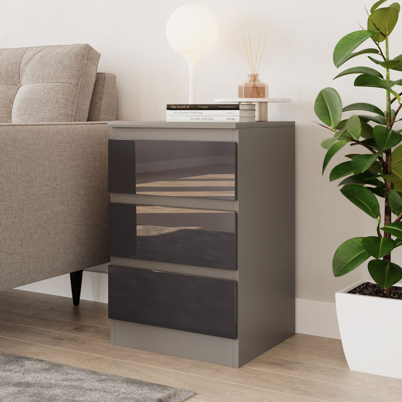 Gloss 3 Drawer Skagen High Wooden Bedroom Chest Cabinet No Handle Drawer Storage, Grey