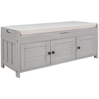 Storage Bench With 3 Shutter-Shaped Doors, Shoe Bench With Removable Cushion And Hidden Storage Space For Entryways And Living Rooms
