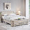 Grand lit avec tête de lit géométrique 3D et banc de rangement - rangement à 4 tiroirs, mobilier de chambre moderne, chêne