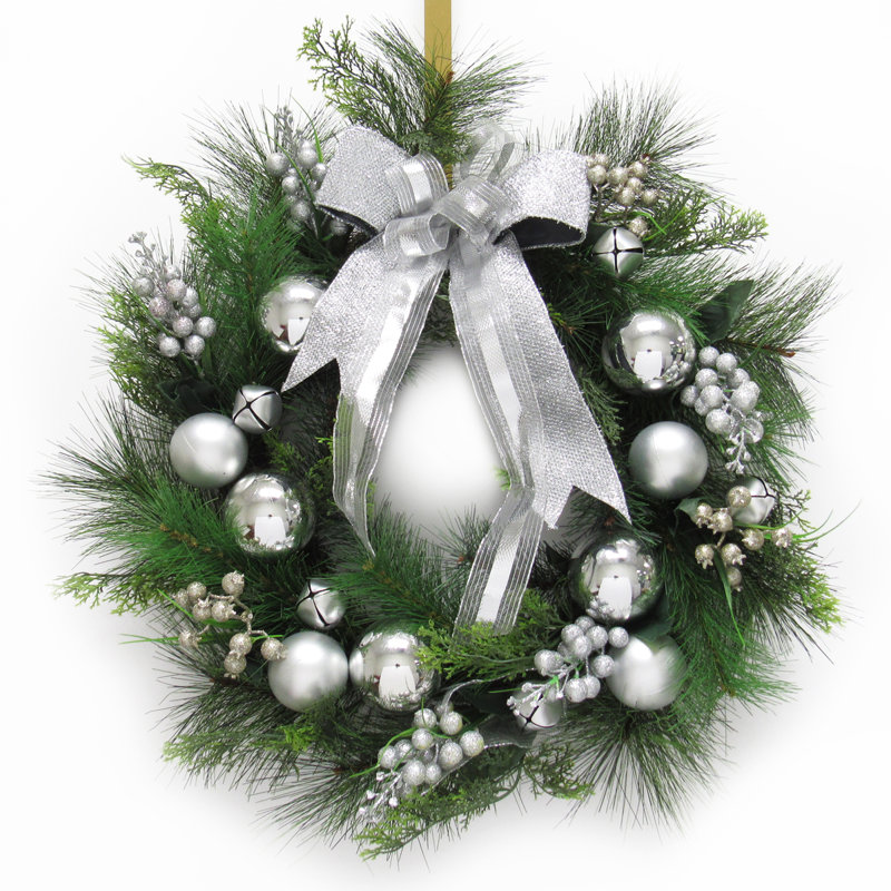 Couronne de Noël artificielle en forme de baies et de pins, Argent