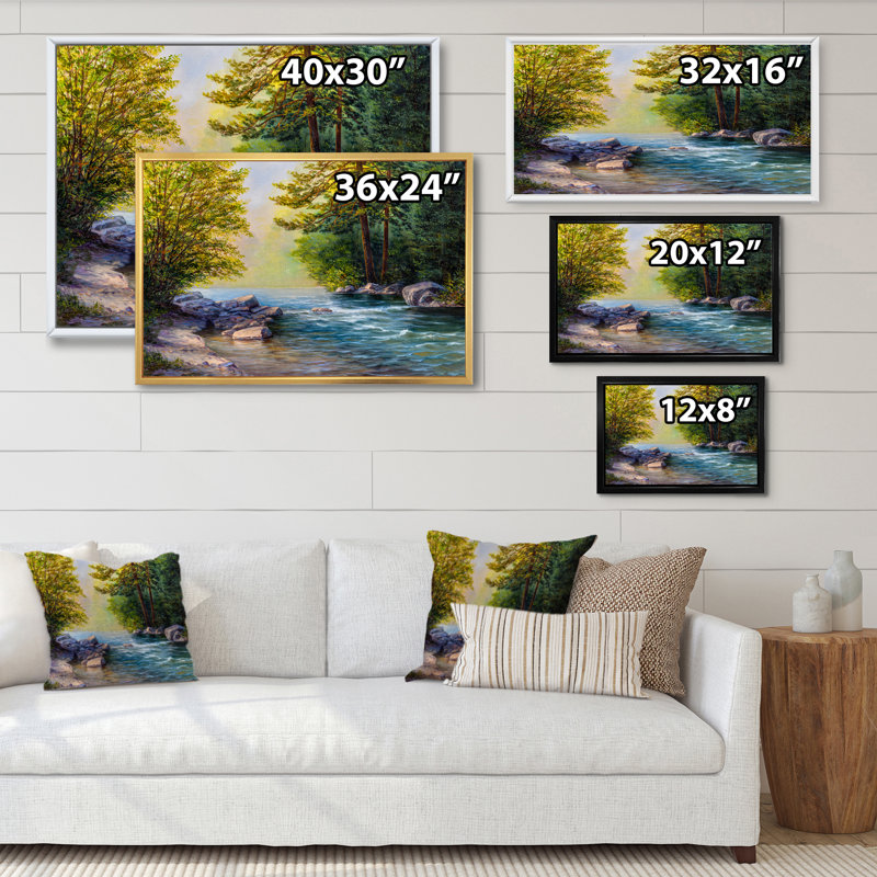 «River Through The Birch Tree Forest II», reproduction sur toile flottante, H 16 po x l 32 po x P 1 po, Cadre flottant doré