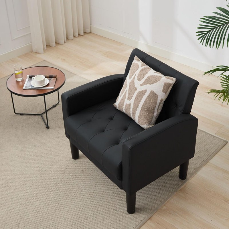 Armchair Modern Accent Chair Comfy Upholstered Seats Armchairs for Living Room Bedroom Dining Room, Black Leather, 1