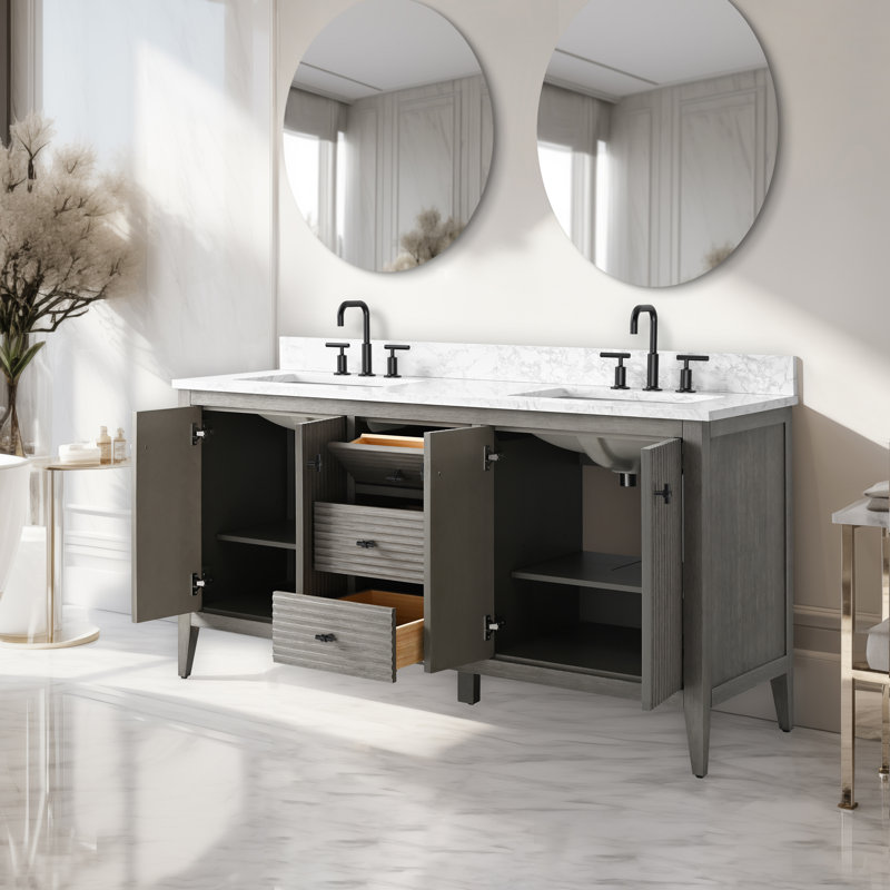 Ensemble de meuble-lavabo double 60 po, Gris flottant linéaire, Noir mat