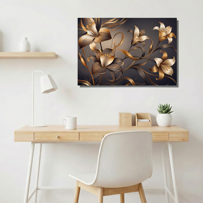 " Gold Bronze Lilies With Flowing Stems On Dark Background " Painting Print, H 16 po x l 24 po