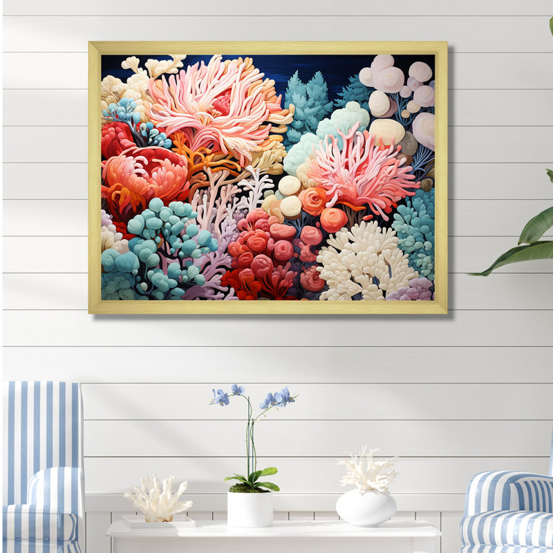 Corail coloré et anémones - impression, Cadre doré simple, H 12 po x l 20 po x P 1 po
