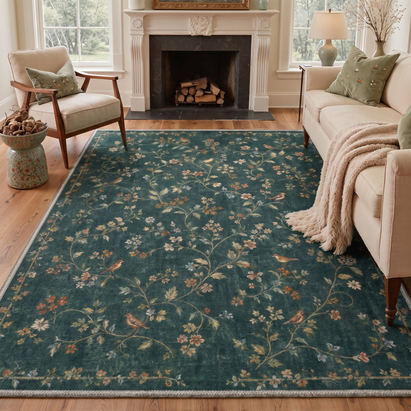 Tapis floral vert / ivoire lavable à la machine avec envers antidérapant, Rectangle 5 pi x 7 pi