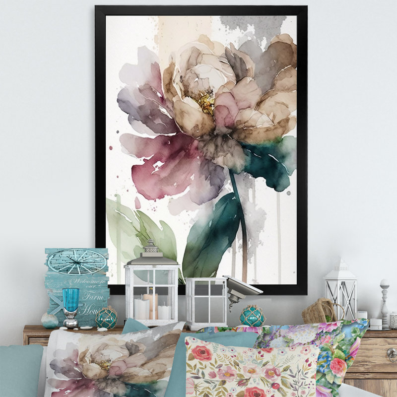 «Pink Watercolor Peony Blossoming V», reproduction sur toile, H 20 po x l 12 po x P 1 po, Toile avec cadre photo noir