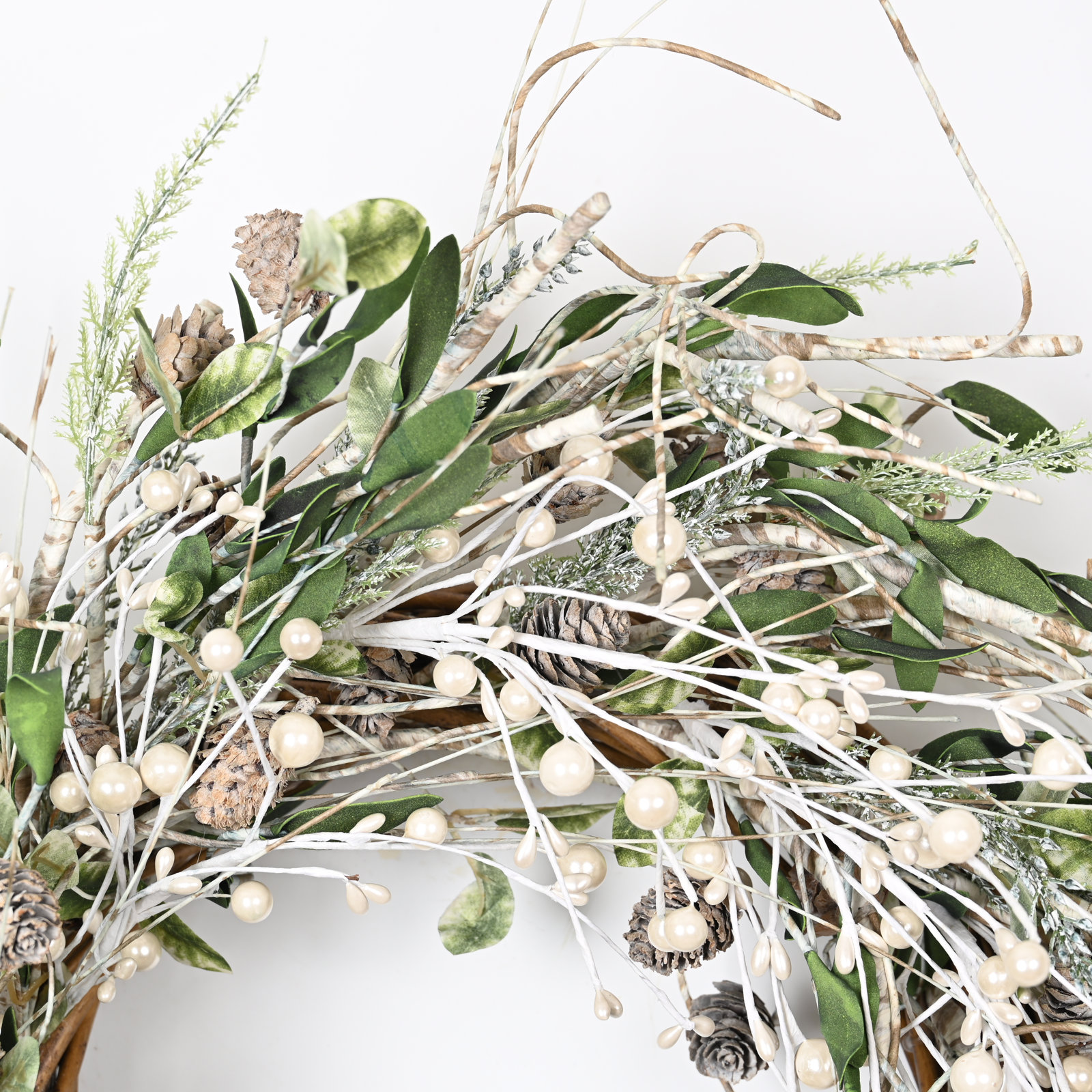 24" Handcrafted Birch Pinecone Christmas Wreath, White/Green